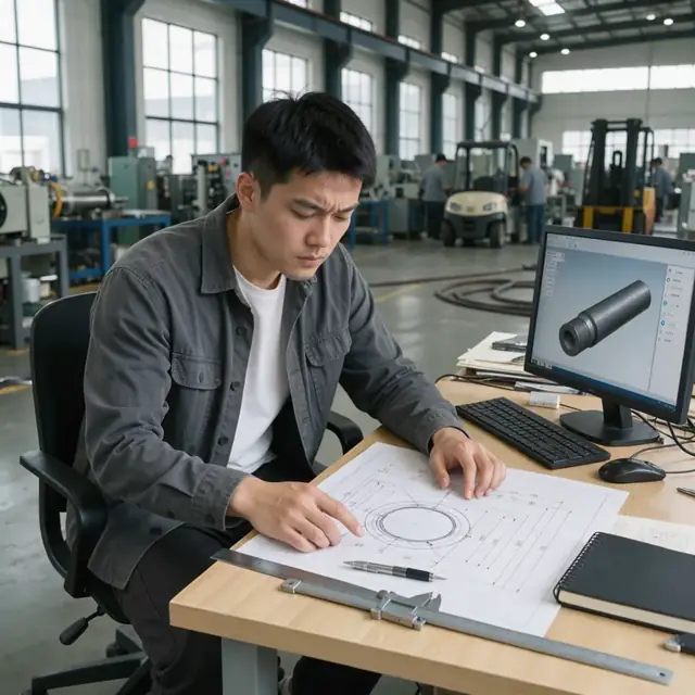 a worker at a desk examining a large engineering drawing next to a computer screen showing a 3D model of a graphite electrode
