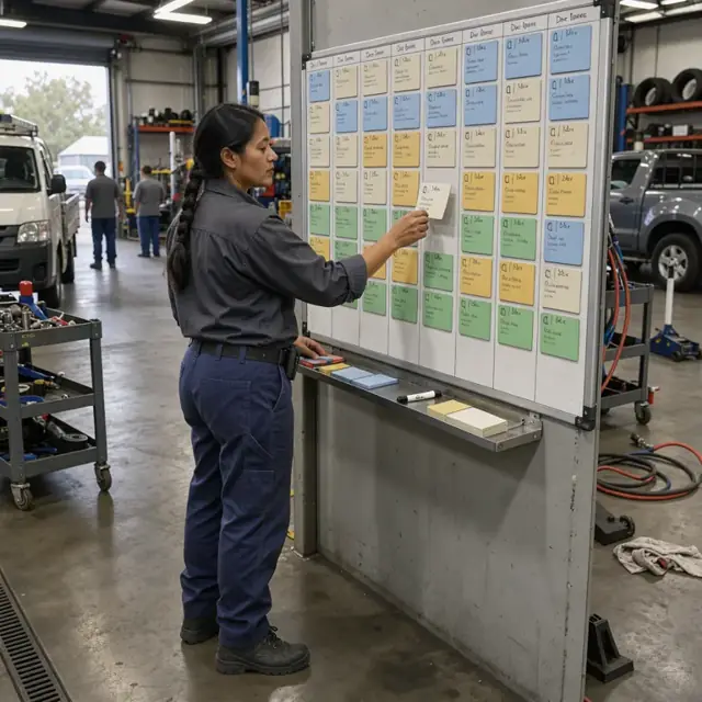 a technician standing at a large wall-mounted production board updating magnetic cards that show open jobs and due dates
