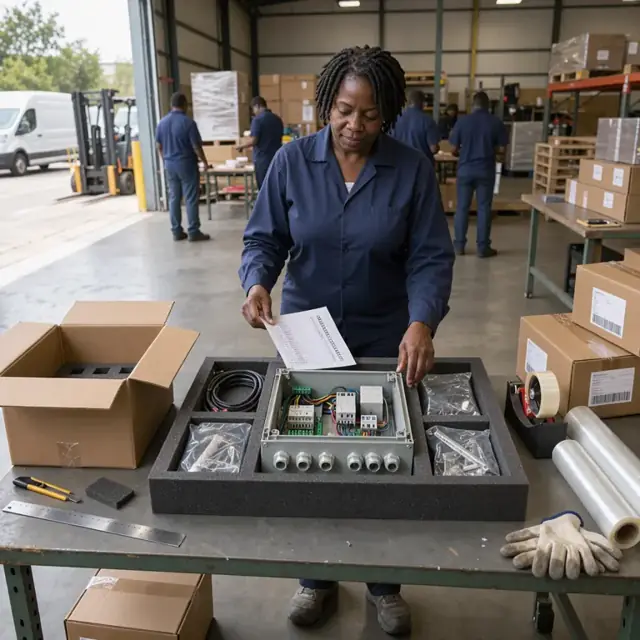 a shipping table with foam inserts, labeled cardboard boxes and a printed packing list ready for an electrical control panel