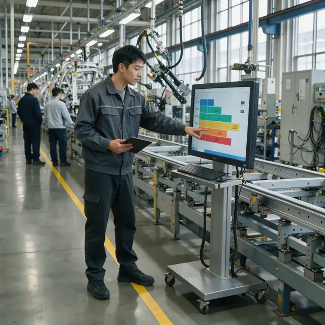 a worker reviewing a large digital screen displaying a colored vehicle sequence bar chart beside an empty automotive assembly line