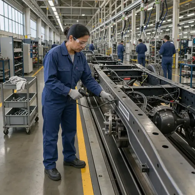 a worker in coveralls scanning a barcode on a heavy truck chassis moving down an assembly line with overhead tool balancers