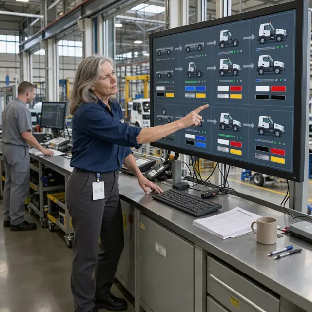 a worker standing at a large wall-mounted digital display board showing truck assembly sequence and color codes in a factory control room