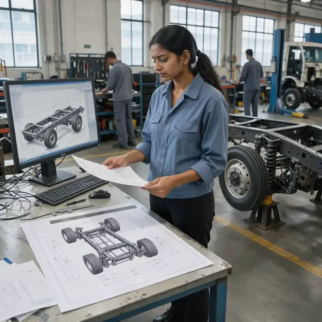 a worker at a large monitor reviewing a detailed truck specification printout next to a physical chassis drawing on a blueprint table