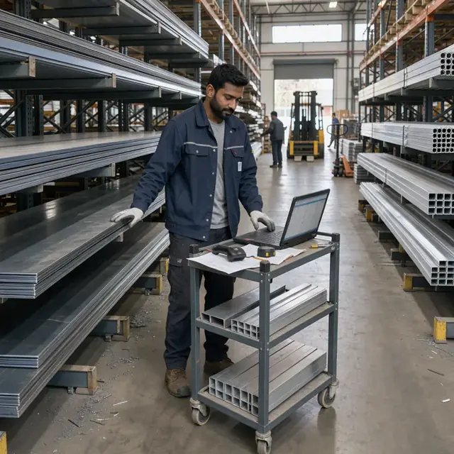 a worker in a warehouse aisle checking stacks of steel sheets and aluminum extrusions against an open inventory laptop on a rolling cart