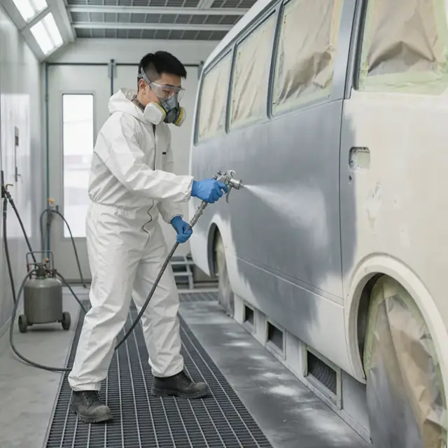 a worker in protective gear spraying primer onto the side of a large fiberglass bus body inside a downdraft paint spray booth with bright overhead lighting