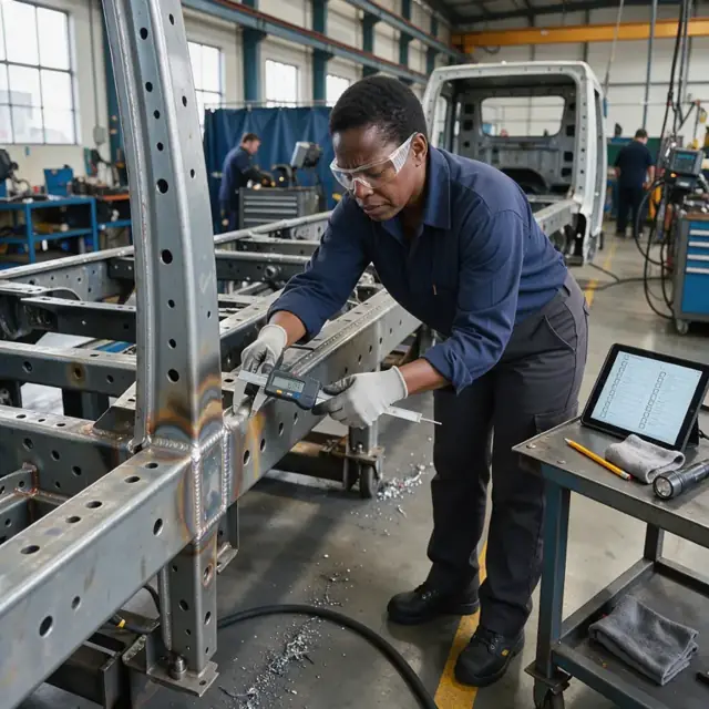 a worker in a manufacturing bay using a digital caliper to measure a weld joint on a large steel truck cab frame while referencing a checklist on a nearby tablet