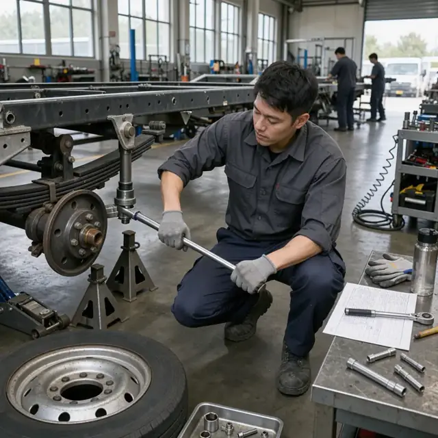 a worker using a torque wrench on trailer suspension components while referring to a printed checklist on a workbench in the assembly bay
