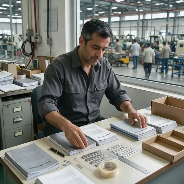 a worker at a desk organizing warranty booklets, owner manuals and serial number plates next to a large window overlooking the factory floor