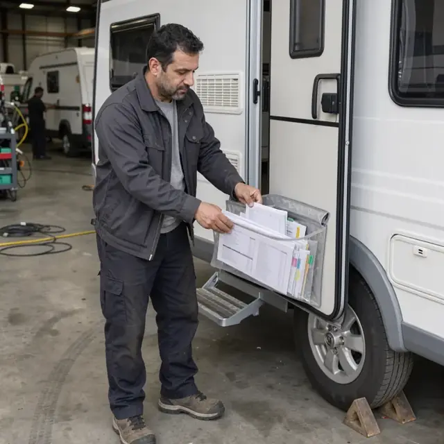 a worker placing a stack of build documents, manuals and labels into a plastic pouch on the door of a finished travel trailer ready for delivery