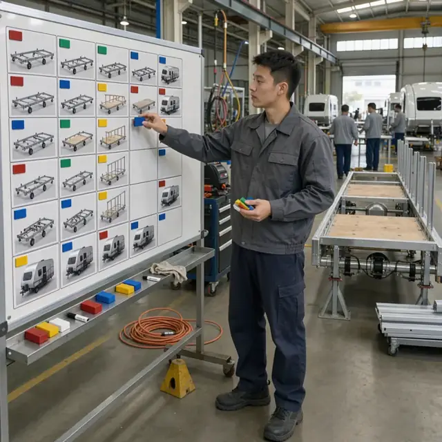 a worker updating a large magnetic schedule board showing travel trailer frames in various stages of assembly inside a factory bay