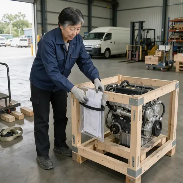 a worker in a shipping area carefully placing engine documentation into a waterproof pouch attached to a wooden crate containing a finished engine