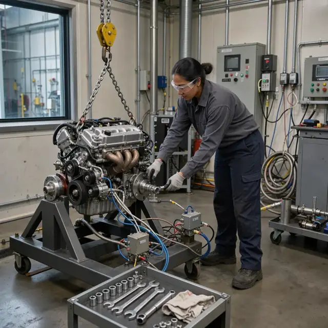 a worker mounting a completed gasoline engine to a dyno stand inside an engine test cell with instrumentation connected