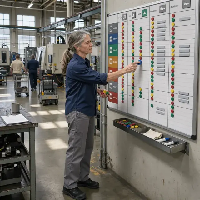 a worker standing at a large wall-mounted schedule board with magnetic markers for each CNC machine and engine test cell