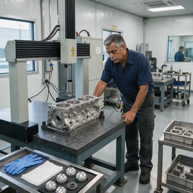 a worker measuring a machined engine block with a coordinate measuring machine in a temperature-controlled inspection room