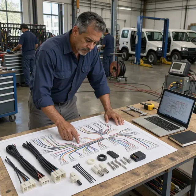 a worker reviewing a large printed wiring harness drawing laid out on a table with component samples and a laptop
