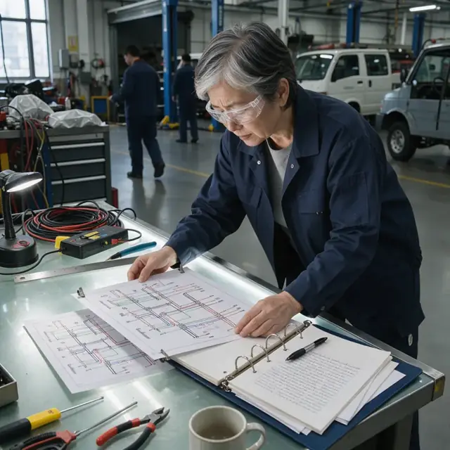 a worker comparing two versions of a wiring schematic on a light table while updating notes in a binder