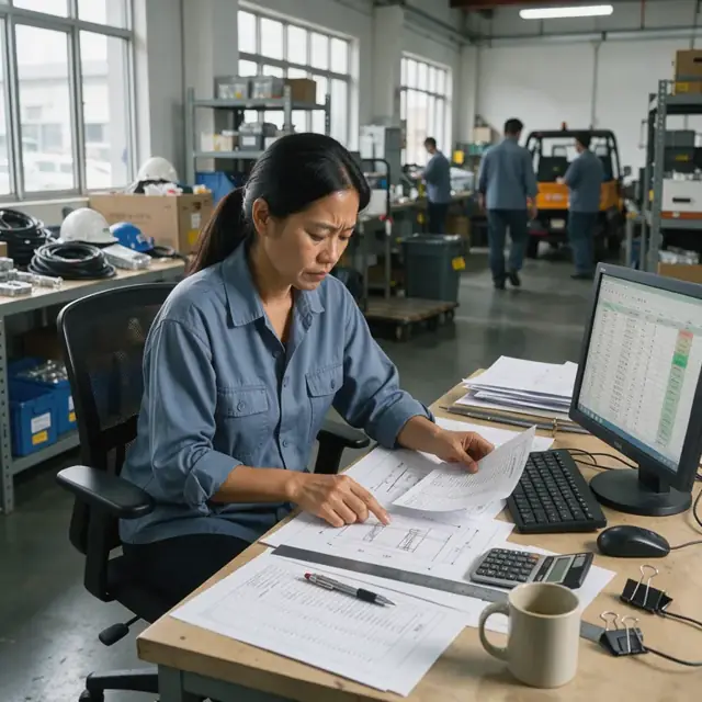 a worker at a desk examining printed engineering drawings and purchase orders next to a computer monitor showing a bill of materials