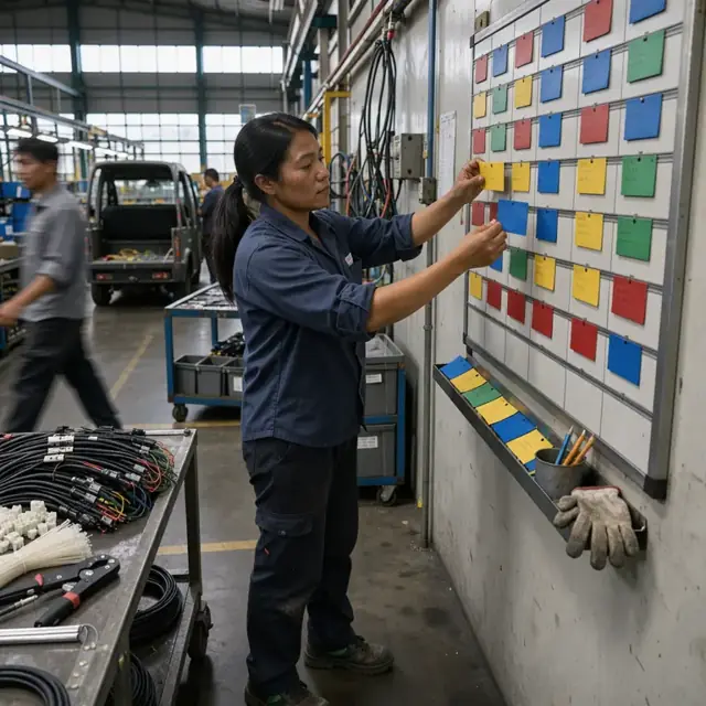 a worker standing at a scheduling board on a factory wall adjusting colored cards representing different wiring harness jobs
