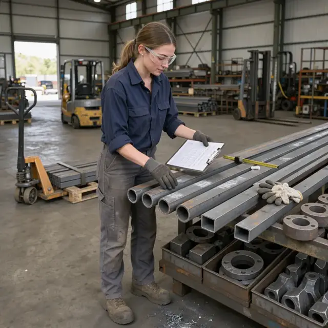 a worker in a warehouse checking steel bar stock against a materials list next to a rack of raw forgings