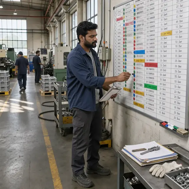 a planner standing at a large wall-mounted scheduling board marking machine availability next to part numbers and due dates