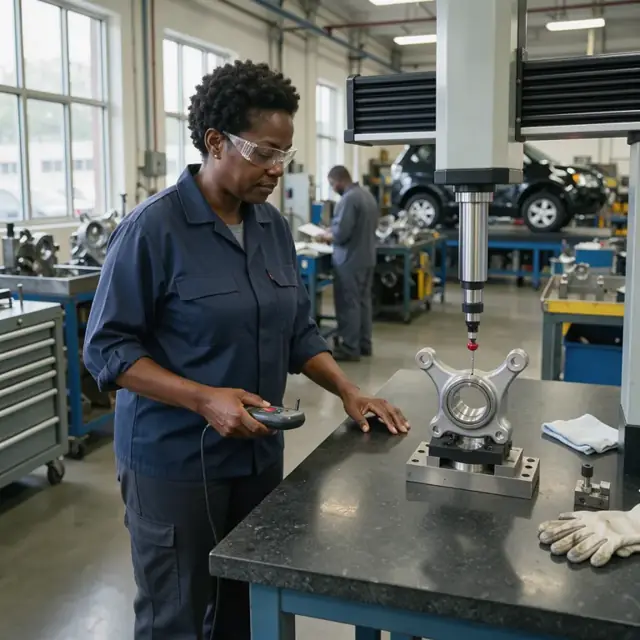 a technician using a coordinate measuring machine to check a machined steering knuckle on a granite surface plate