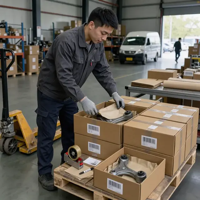 a worker applying rust-preventive paper and bar-coded labels to a pallet of boxed suspension control arms in a shipping area