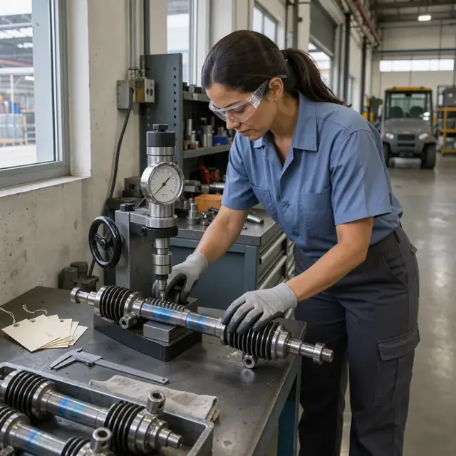 a technician measuring the hardness of a heat-treated steering rack on a benchtop Rockwell tester beside incoming material tags
