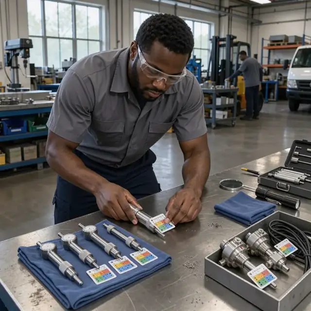 a quality technician checking calibration stickers on a set of bore gauges and pressure transducers at a metal workbench