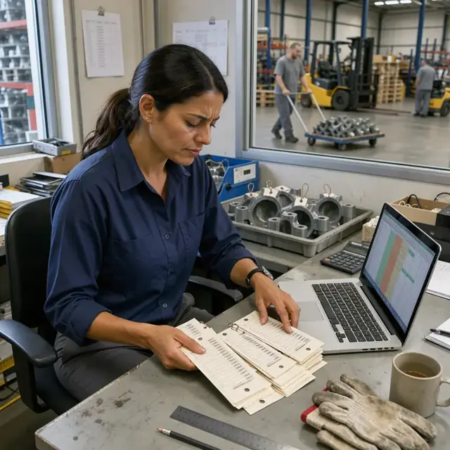 a materials planner comparing a stack of casting inventory tags against an open spreadsheet on a laptop inside a warehouse office