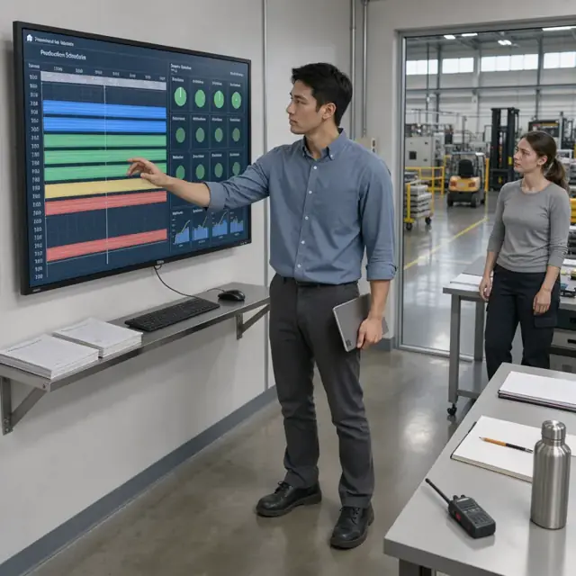 a scheduler standing at a large wall-mounted digital screen displaying color-coded production timelines and machine statuses in a factory planning room