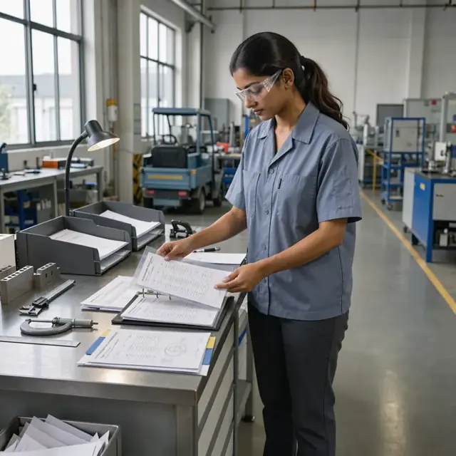 a quality technician organizing printed material test certificates and dimensional reports into a binder at a clean workbench
