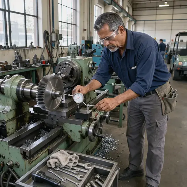 a technician using a dial indicator to check runout on a large gear hobber during a scheduled maintenance inspection