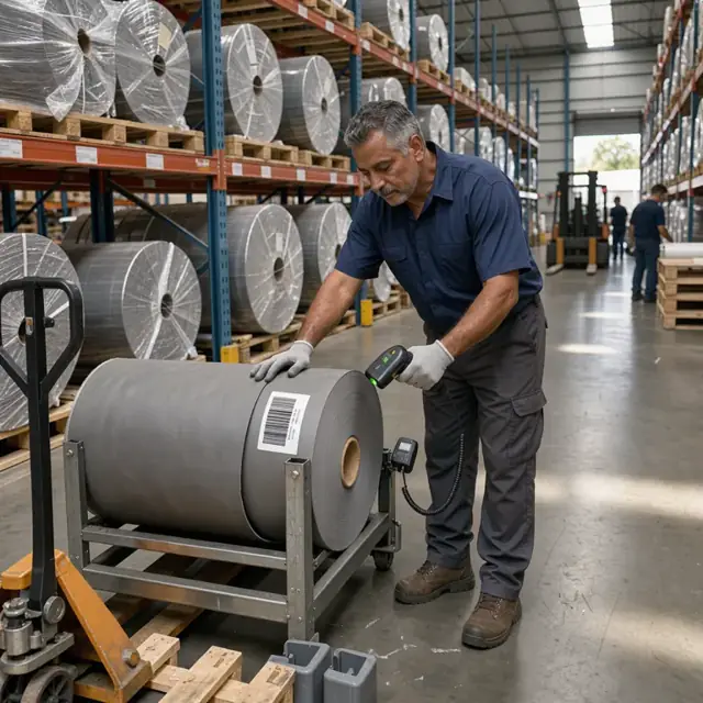 a worker scanning a barcode on a large roll of gray automotive leather inside a high-bay warehouse rack area