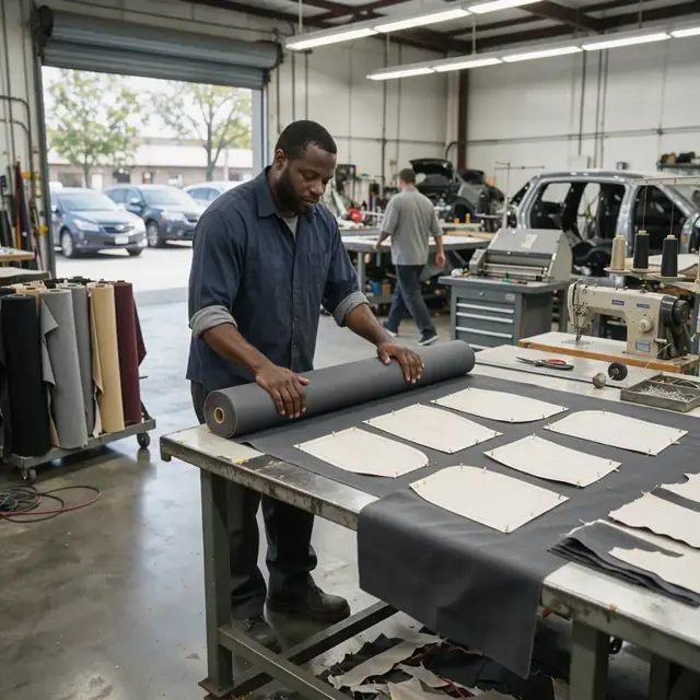 a worker unrolling a large bolt of automotive fabric on a cutting table under bright overhead lights with pattern markers pinned in place