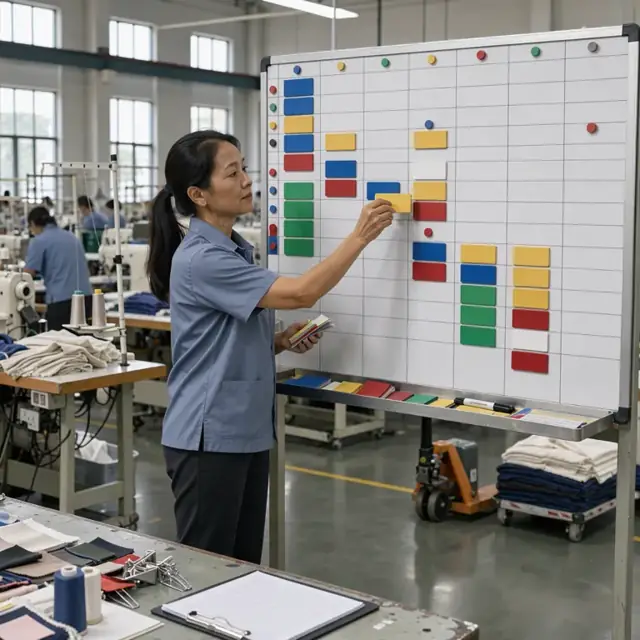 a worker standing at a large magnetic scheduling board moving colored cards representing sewing jobs and changeovers