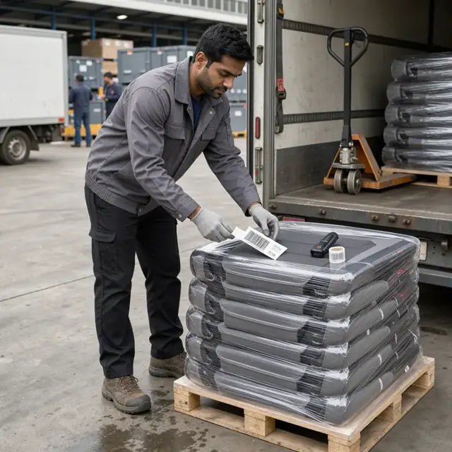 a worker applying a barcode label to a wrapped stack of finished automotive seat covers on a pallet beside an open trailer door