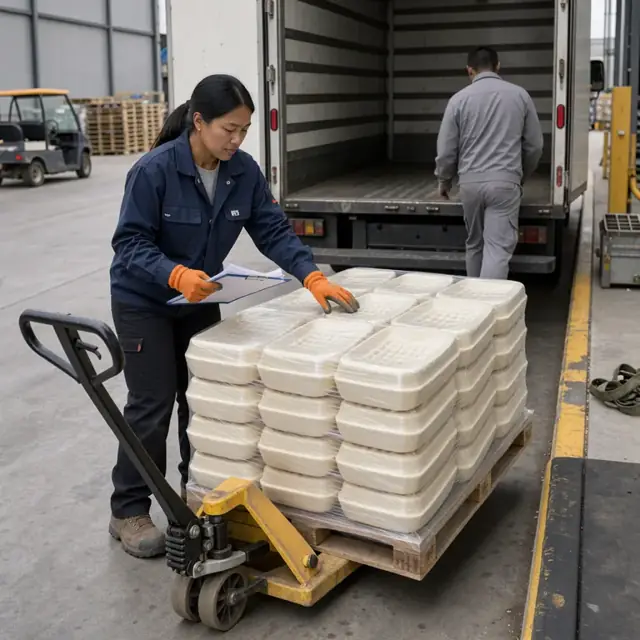 a worker at a loading dock checking paperwork on a pallet of foam seat buns being unloaded from a truck