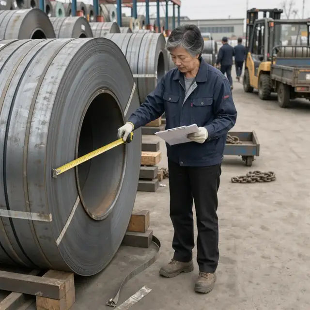 a worker standing in a metal coil storage yard measuring the outer diameter of a large steel coil with a tape measure while checking against an inventory sheet