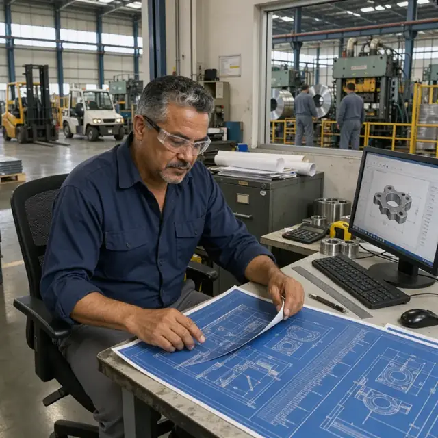 a worker at a desk in a stamping plant office reviewing large blueprints spread across the table next to a computer displaying technical drawings
