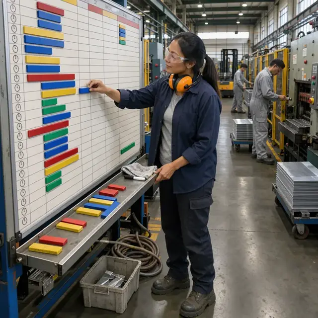 a worker updating a large scheduling board with magnetic markers showing press assignments and changeover times beside rows of stamping presses