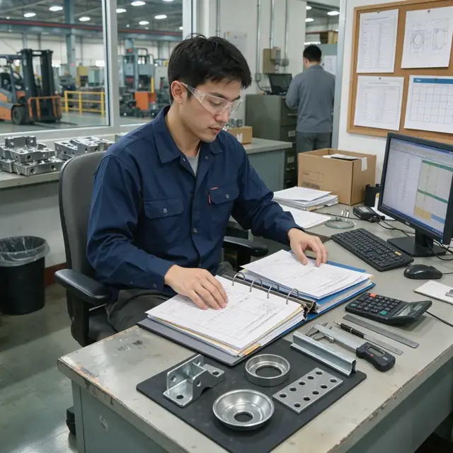 a worker at a workstation in a stamping plant quality office sorting through binders containing material certifications and inspection reports next to sample metal stampings