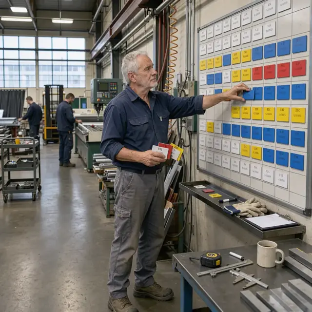 a worker updating a large wall-mounted scheduling board with magnetic cards showing jobs and machine assignments in a fabrication shop