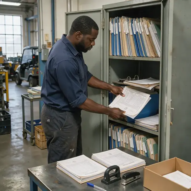 a worker filing printed material test certificates and inspection reports into labeled folders inside a metal storage cabinet