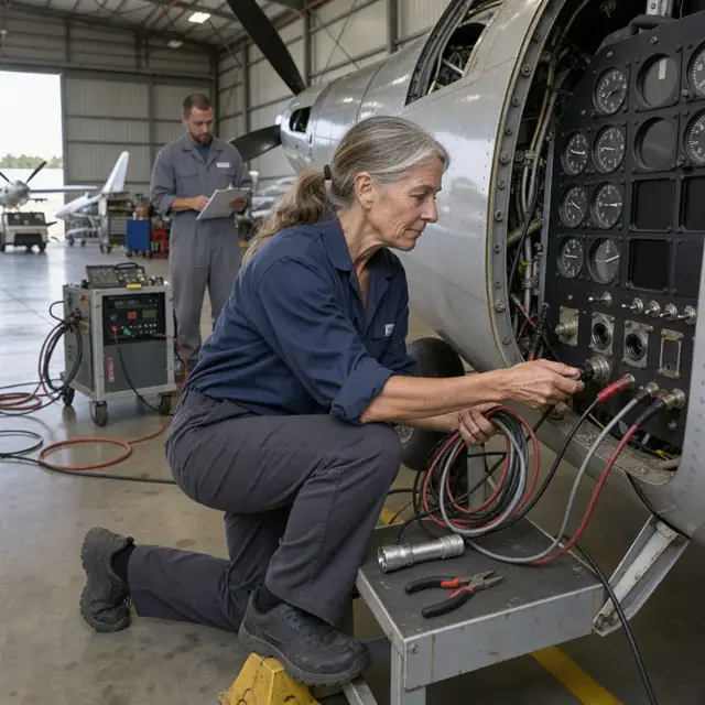 a technician connecting instrumentation cables to an aircraft instrument panel inside a hangar during ground testing