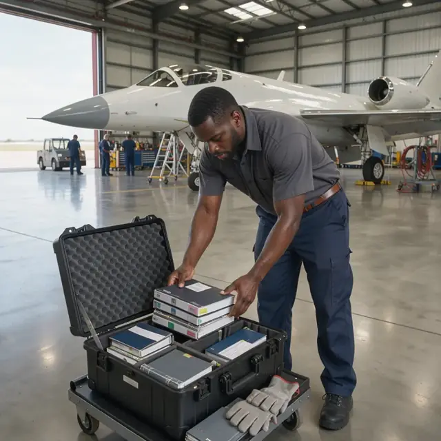 a technician placing bound technical manuals and logbooks into a custom aircraft delivery case beside a completed jet in a hangar