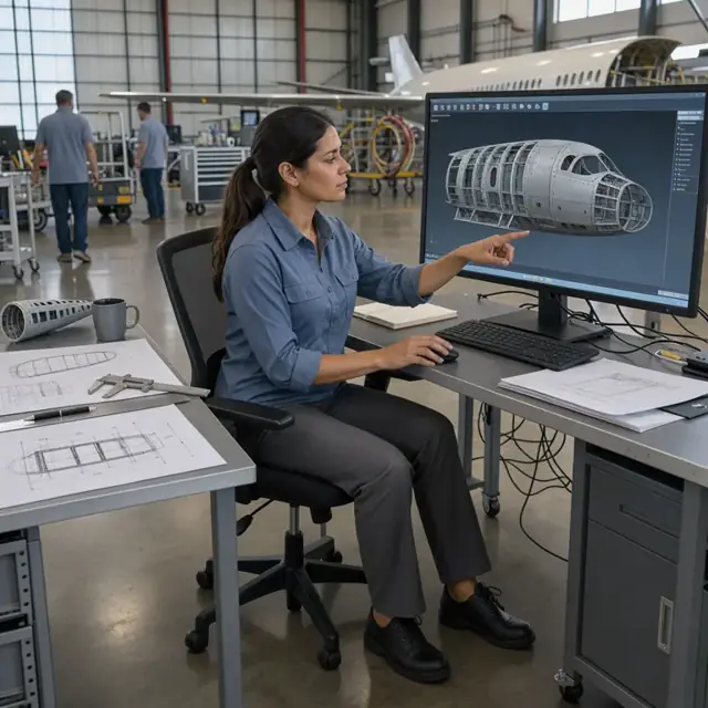 an engineer at a large monitor reviewing a detailed 3D aircraft fuselage model with engineering drawings spread across an adjacent table