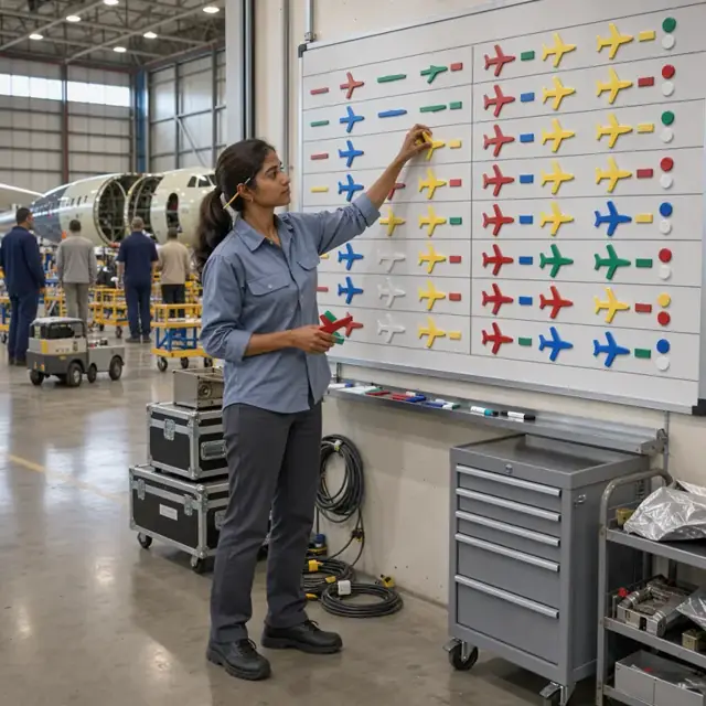 a scheduler standing at a large wall-mounted production board with colored magnets representing aircraft in various stages of assembly