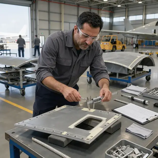 a quality inspector using a precision caliper to measure a composite aircraft panel while referencing a detailed inspection checklist on a workbench