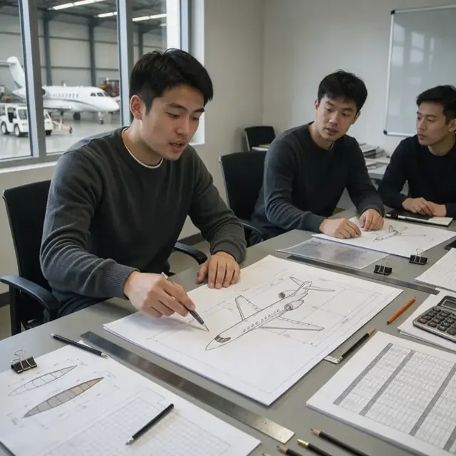 a conference table covered with aircraft configuration drawings, specification documents and a large three-view drawing of a business jet