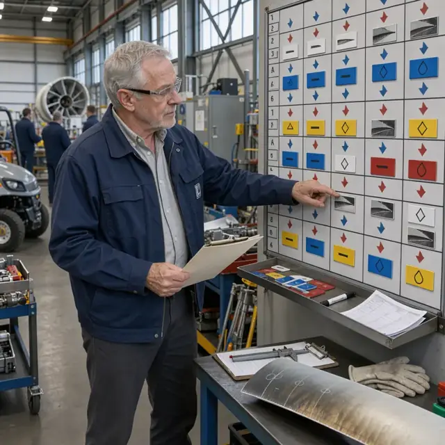 a planner reviewing operation sequences for turbine blade repair on a large wall-mounted scheduling board
